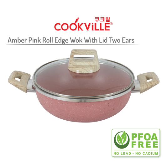 [Cookville] Amber Pink Roll Edge Wok With Lid Two Ears