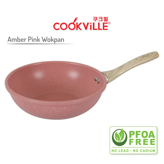 [Cookville] Amber Pink Roll Edge Wok Pan With Long Handle