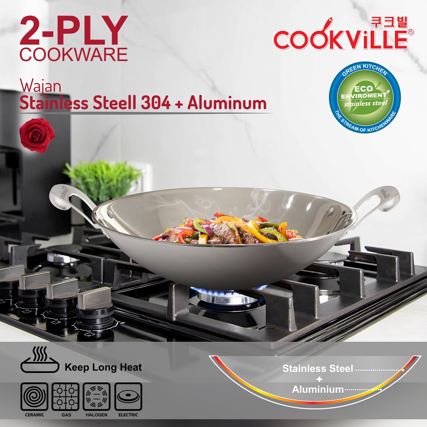 [Cookville] Black Rose II Wajan 2 Ply Stainless Handle SUS 304