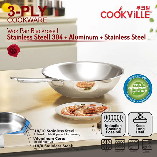 [Cookville] Black Rose II Wok Pan 3 Ply Stainless Steel SUS 304